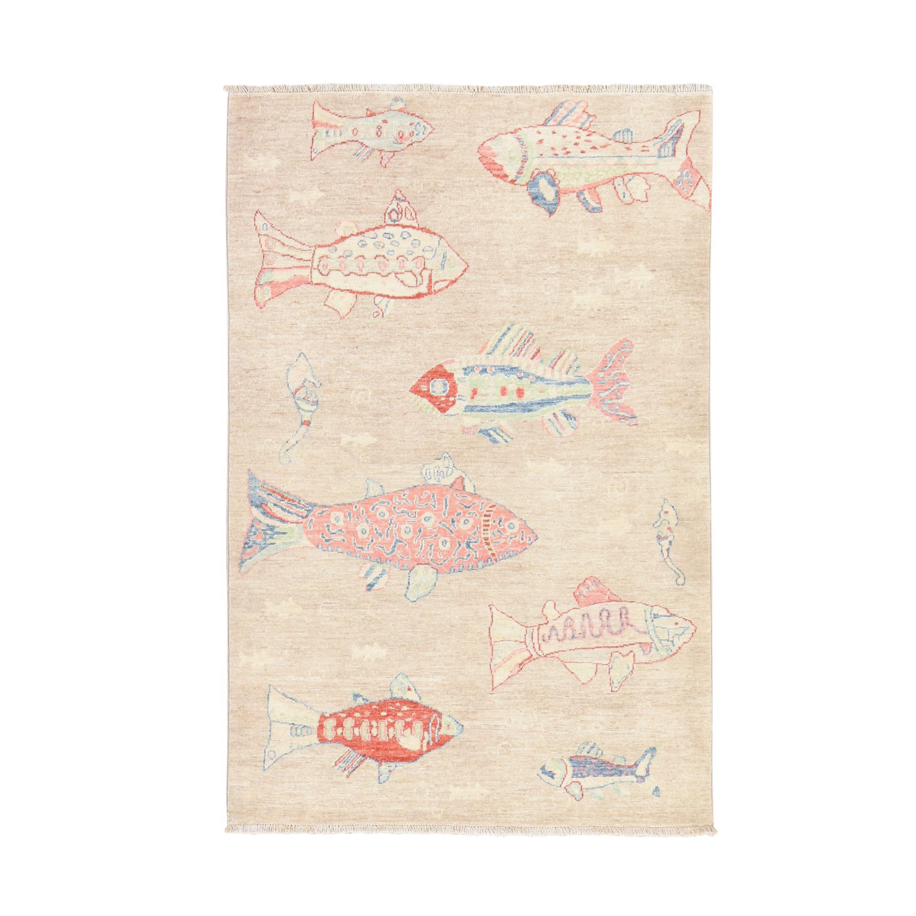 4'x6' Oyster White, Afghan Peshawar with Oceanic Fish Design, Soft and Velvety Wool, Hand Knotted, Oriental Rug 